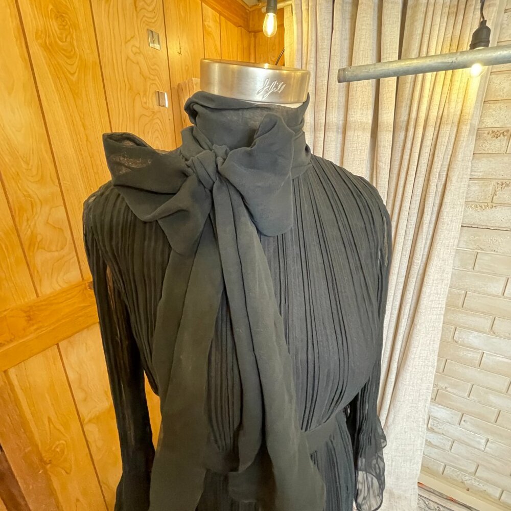 Vintage 60s/70s Black Pleated Cocktail Dress Union Made Georgette Sleeves Size M - Picture 4 of 14